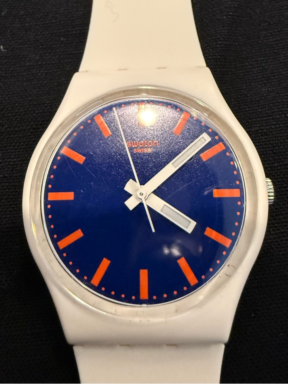 Swatch Watch Mens - White with Blue Dial and Orange Markers